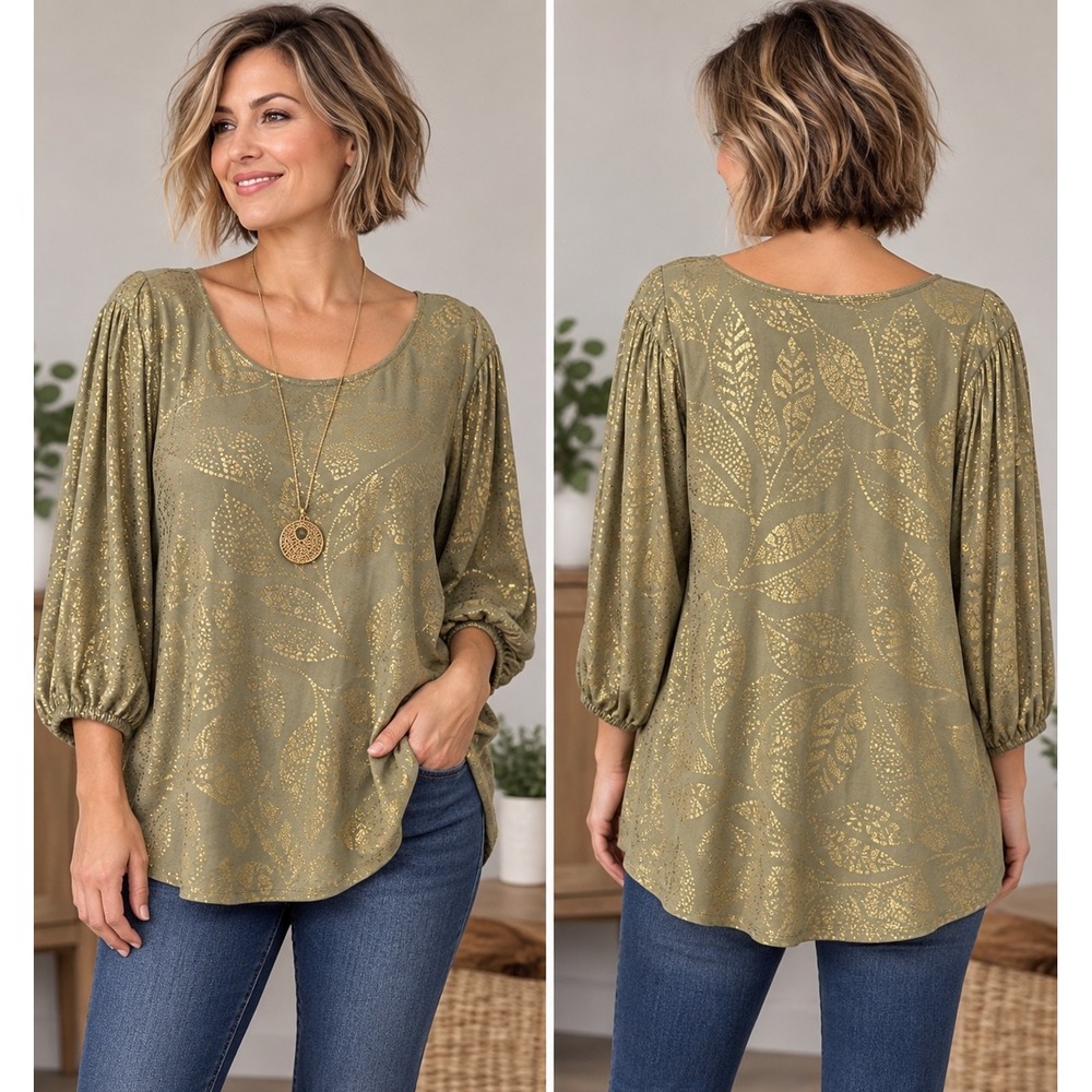 Ruby Rd. Woman 1X Olive Green Gold Metallic Leaf Print Blouse Balloon Sleeve